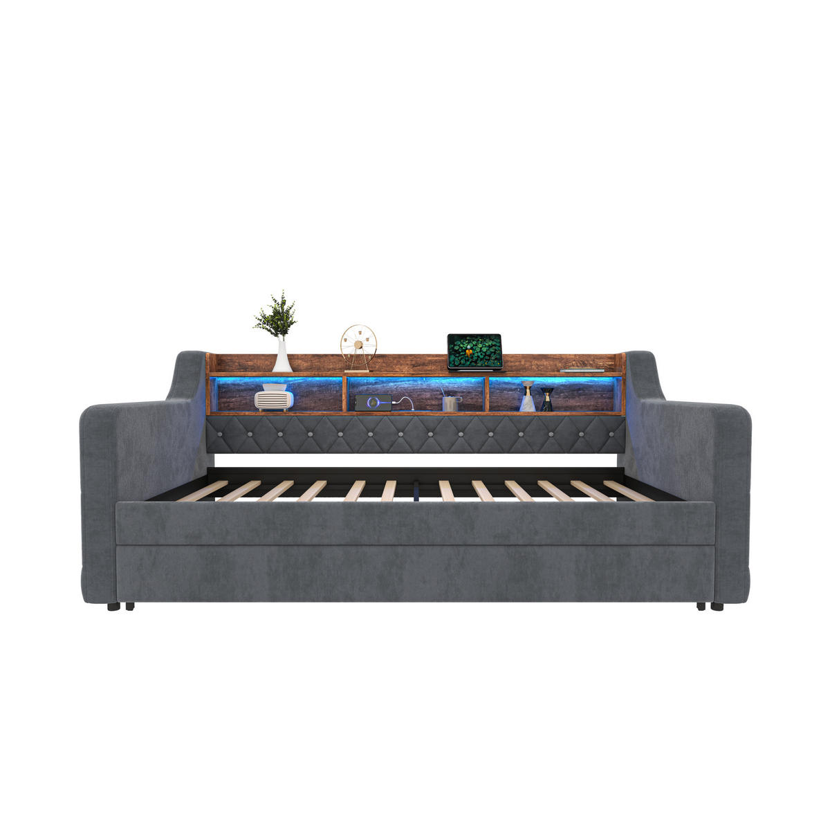 POLSTERBETT 90/190 cm dunkelgrau aus Samt mit Ausziehbett, LED und USB-C - Dunkelgrau, Holzwerkstoff (90/190cm) - OKWISH