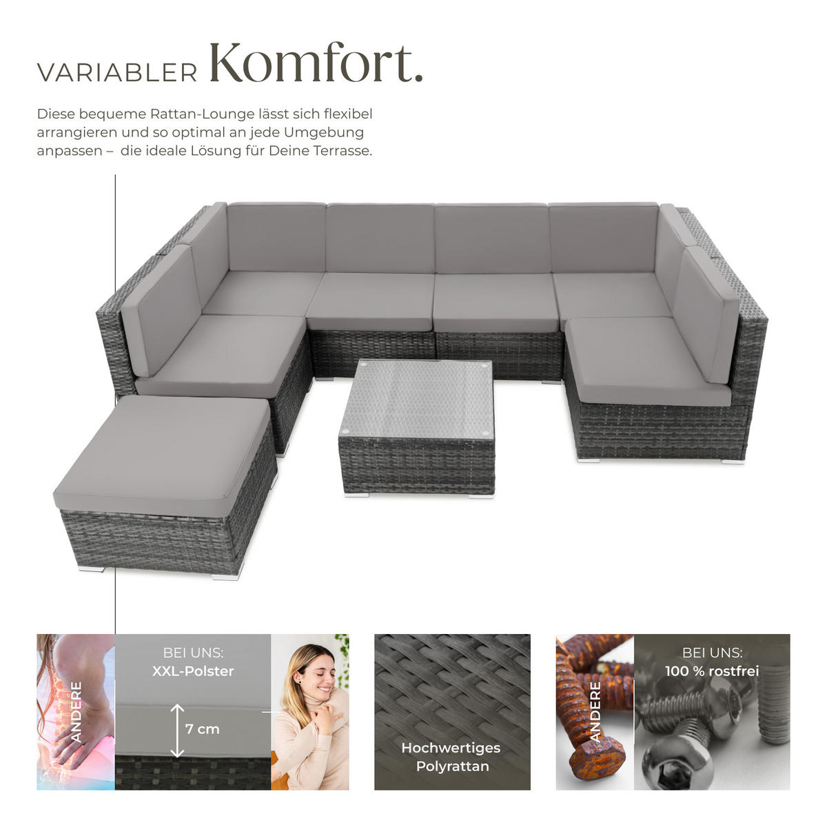 RATTANLOUNGE Venedig, mit Sicherheitsglasplatte, grau - Grau, Kunststoff - tectake