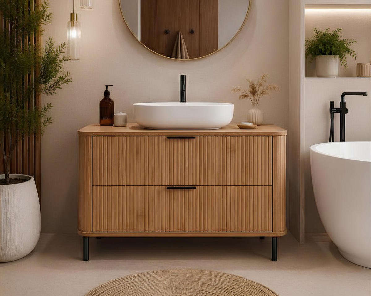 BADEZIMMERSCHRANK : Farbe Eiche Craft, Griff schwarz, Füße schwarz, 100 x 41,5 x 66,7 cm - Eichefarben/Schwarz, Holzwerkstoff (100/66.7/41.5cm) - 3XE LIVING