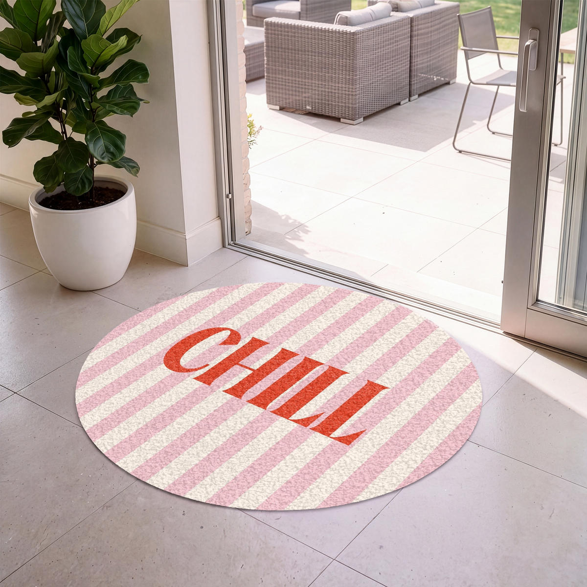 FUSSMATTE Zartrosa – Rot – Streifen – Chill 120x120 cm - Rosa, Kunststoff (120/0.4cm) - MuchoWow