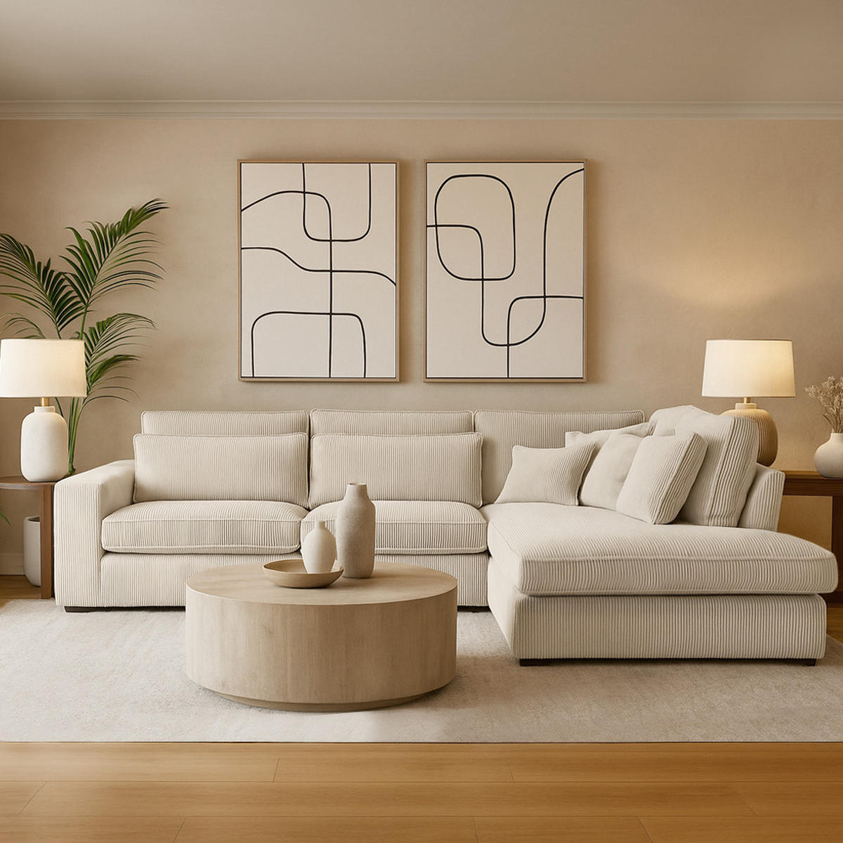 ROHOVÁ pohovka Parma bez funkce spaní, manšestrová látka, krémová, pravá - černá/béžová, textil (314/224cm) - Beautysofa