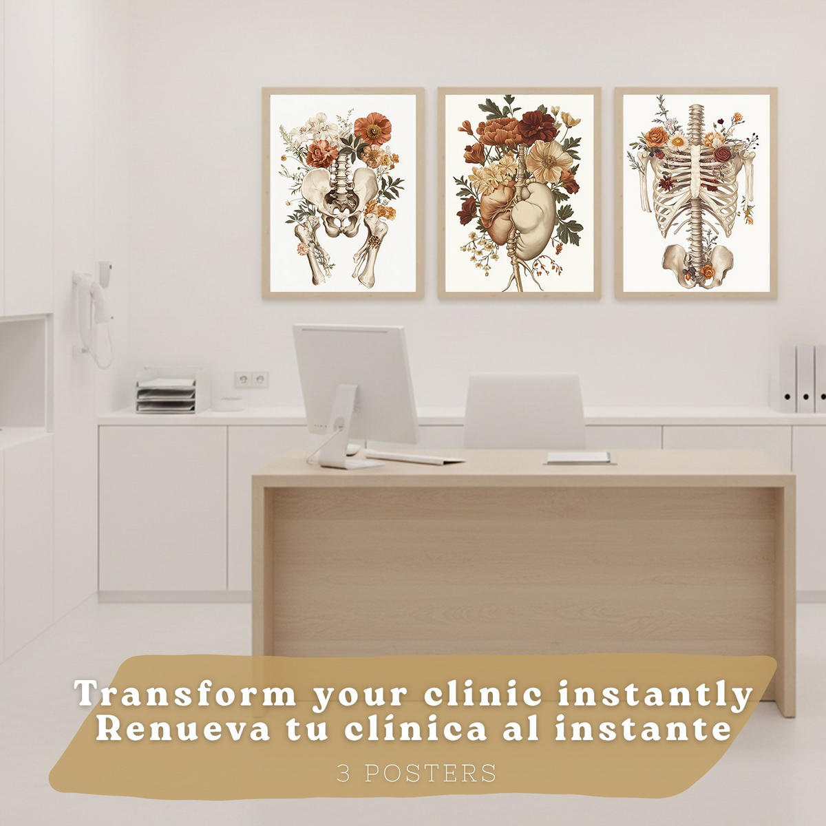 POSTER Set aus 3 Anatomie Mensch Florale Vintage Drucke und Wandbilder mit Herz Brustkorb und Becken Medizinische Wanddekoration Größe Rahmenlos A3 - Klar, Papier (29.7/42/3cm) - Nacnic