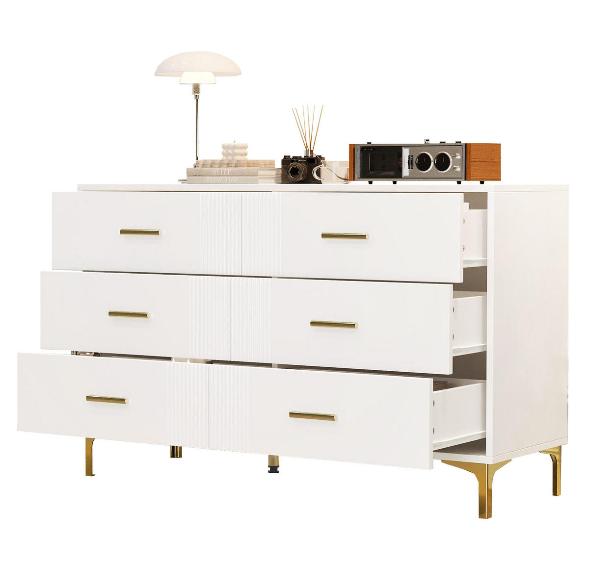 KOMODA z MDF 120x76x40 cm bílá se 6 zásuvkami a vlnitým čelem - bílá, kompozitní dřevo (120/76/40cm) - Modfu