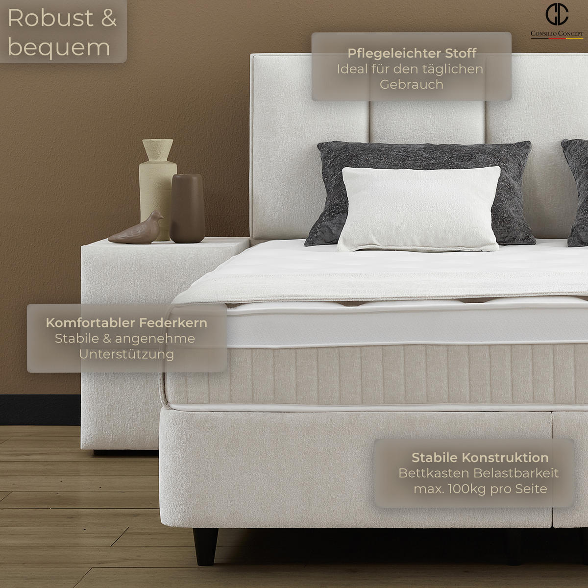 BOXSPRINGBETT MIT BETTKASTEN LUCCA 90/200 cm, Ivory, Bettkasten, Matratze, Topper integriert, H3 mittel - Creme/Schwarz, Holz/Kunststoff (90/200cm) - Consilio Concept
