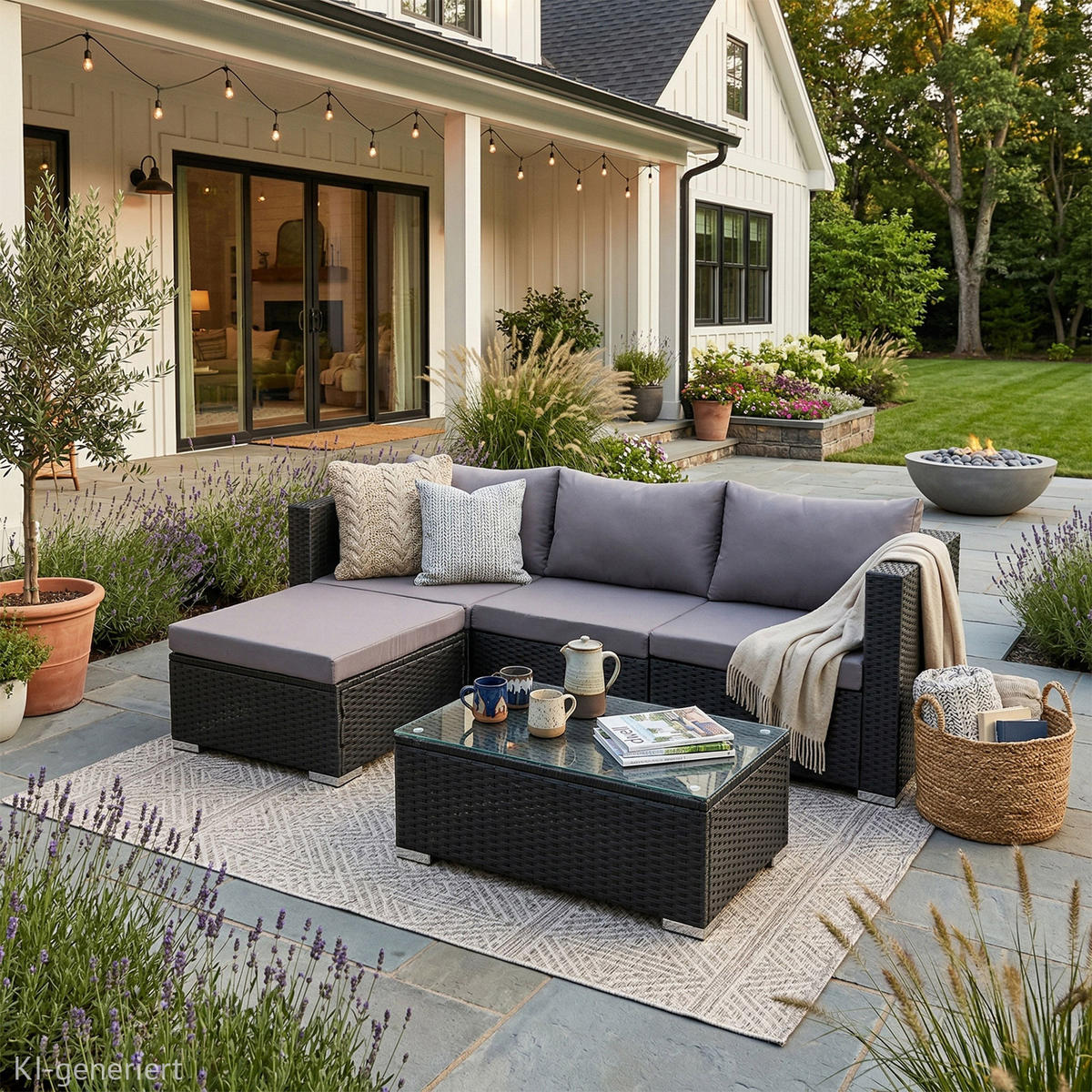 GARTENLOUNGE Queens Polyrattan Schwarz - Schwarz/Grau, Kunststoff - SVITA