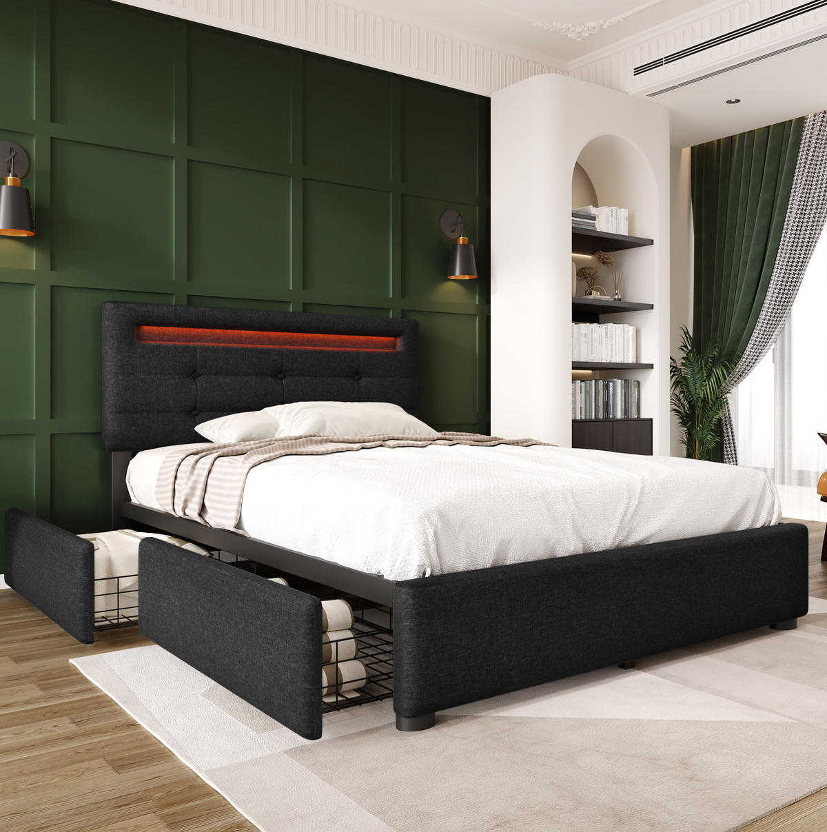 BETT mit LED-Beleuchtung und 2 Schubladen 90x200 cm Schwarz - Schwarz, Metall (90/200cm) - Meubliv