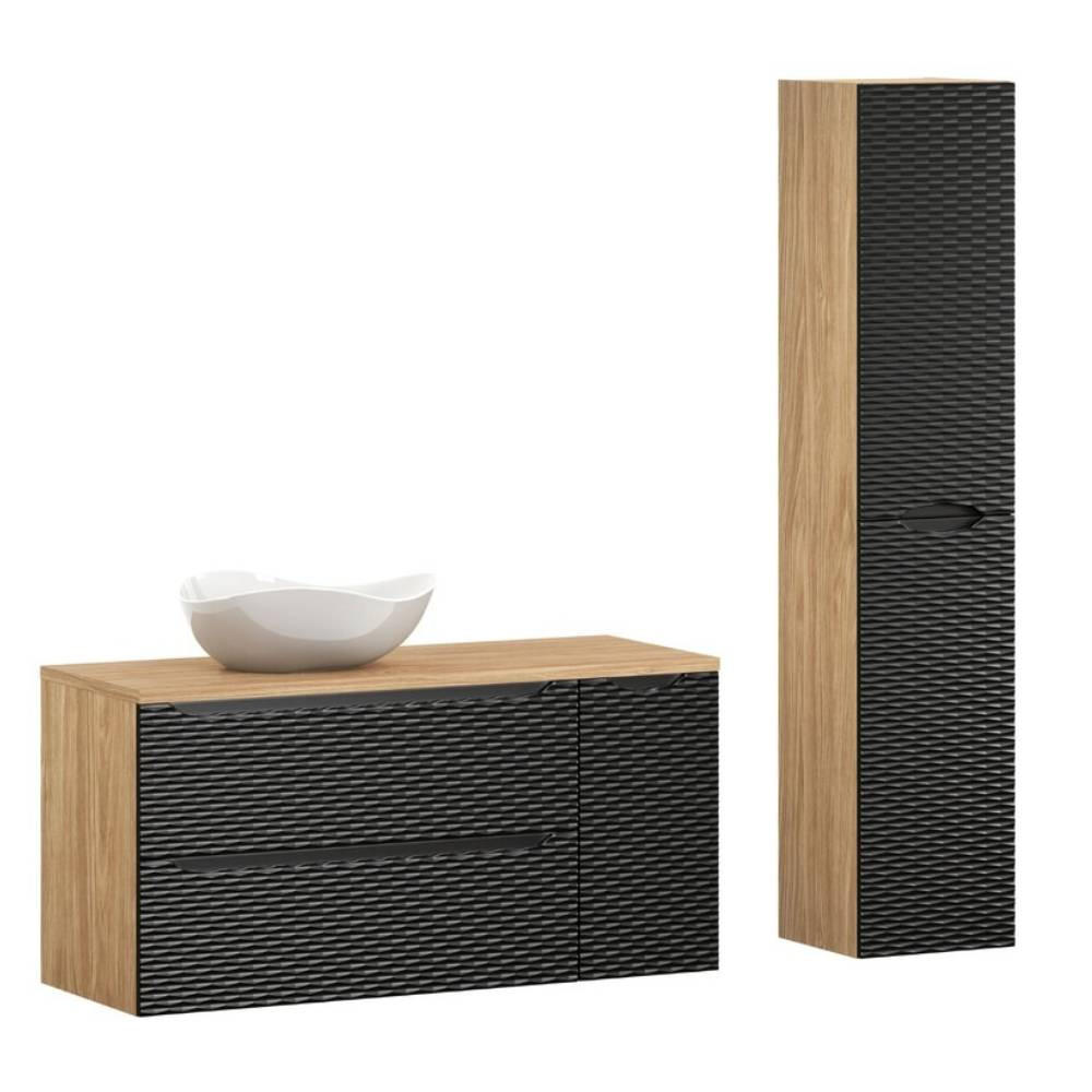 BADMÖBEL-SET 5 Teile - Ocean Black O BM444 in Schwarz Matt/ Geölte Eiche - Eichefarben/Schwarz, Holz/Keramik (120/57/46cm)