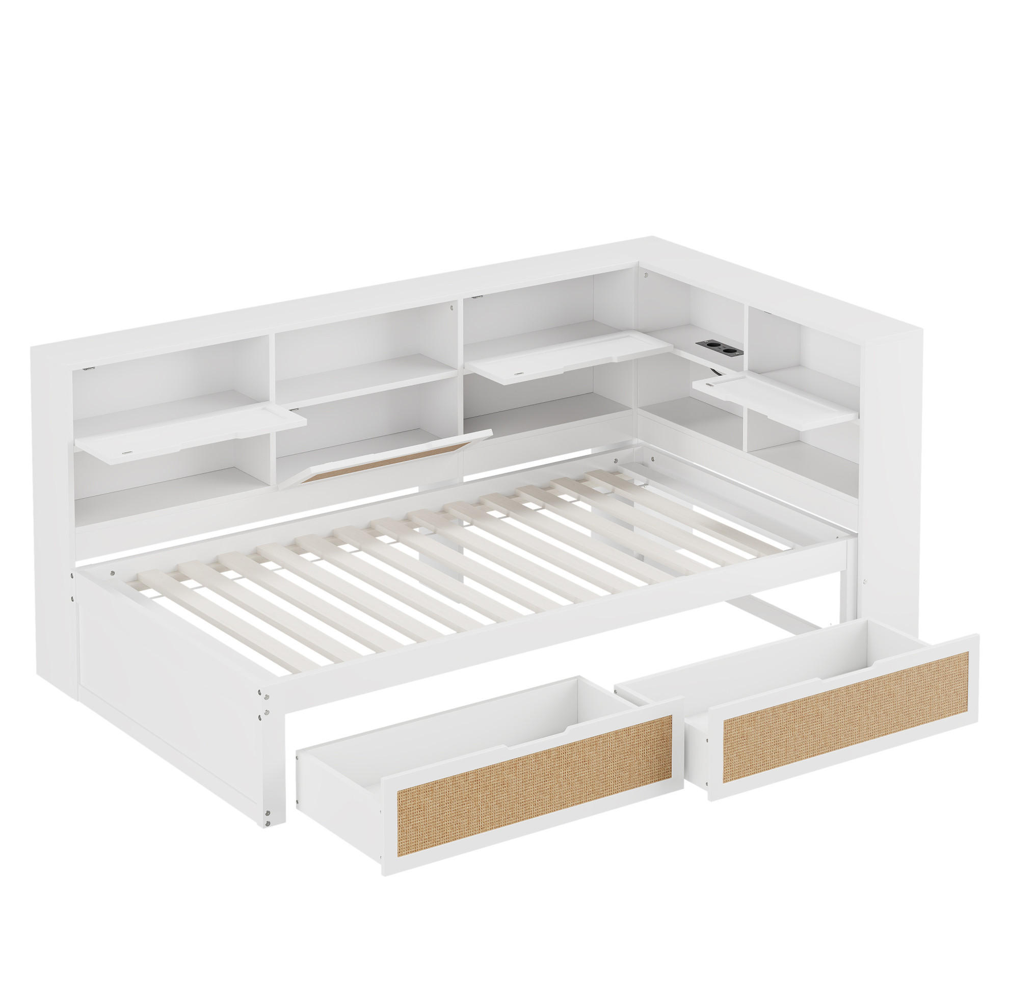 POLSTERBETT aus Holz 90x200 cm in Weiß mit USB-Anschluss & Schubladen - Weiß, Holz (90/200cm) - Modfu