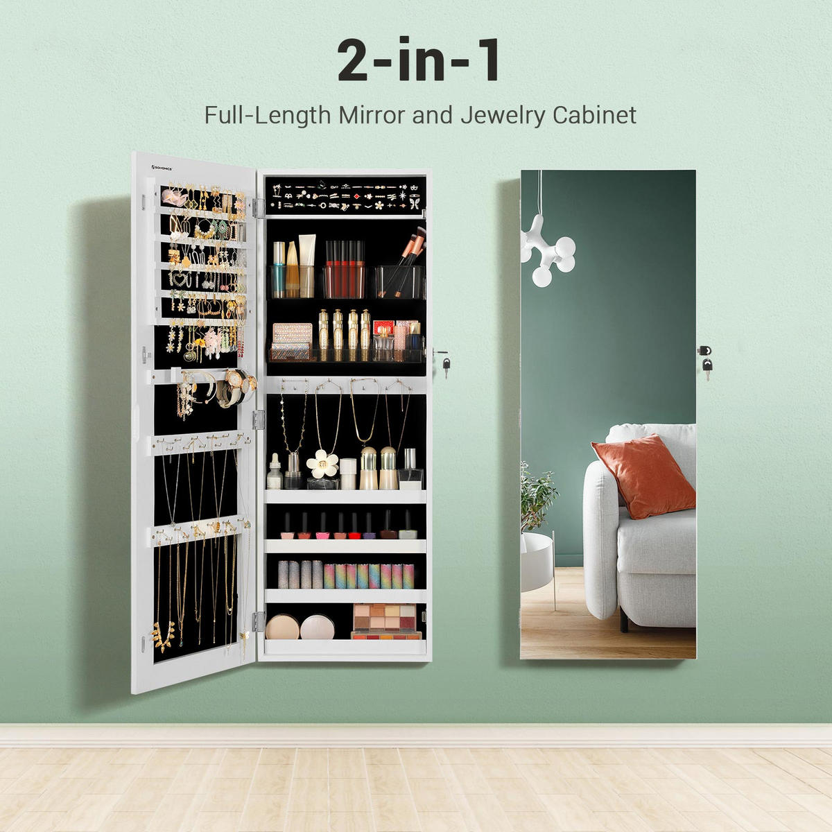 SCHMUCKSCHRANK GANZKÖRPERSPIEGEL - Weiß, Holzwerkstoff (9.7/37.5cm) - Hansiro