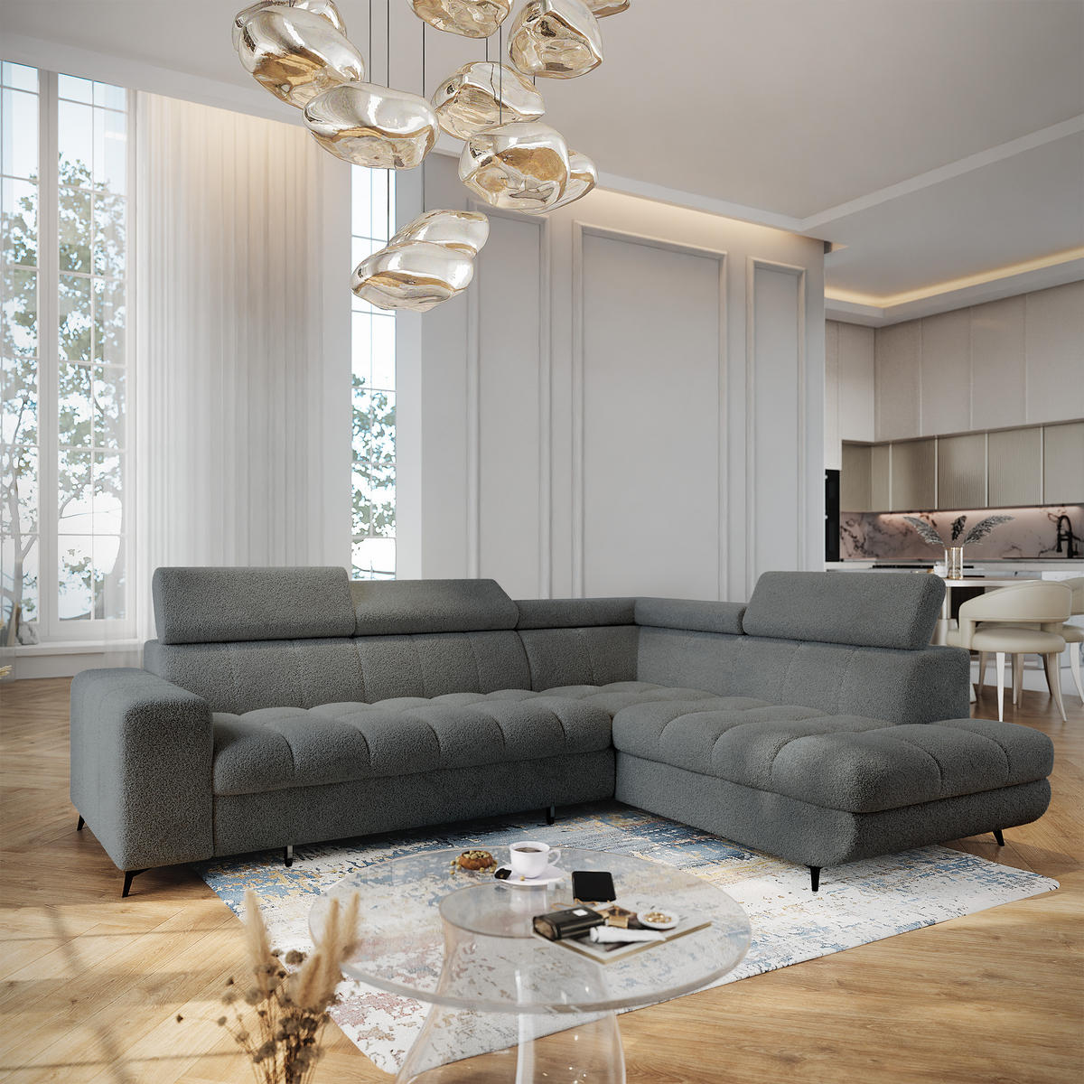 ECKSOFA MORIVA Q R-S Grau Boucle-Stoff mit Schlaffunktion - Grau, Holzwerkstoff/Textil (253/190cm) - MASSENO