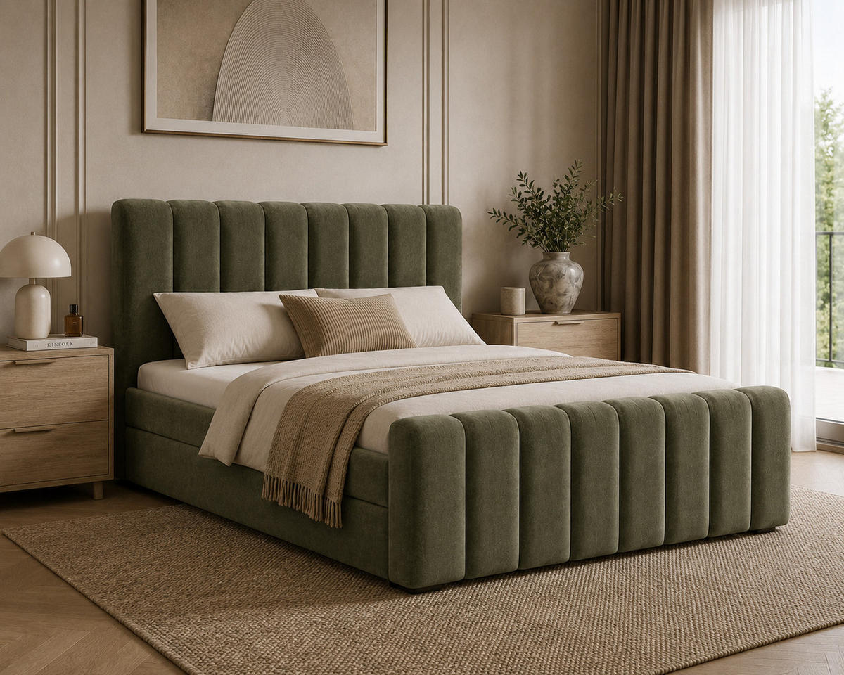 BOXBETT 01 BIS 160 x 200 cm - Vibe - Modernes Polsterbett mit Bettkasten inkl. PU-Schaum-Topper und Federmechanismus - Olivgrün, Holz (160/200cm) - ROYAL24_MARKT