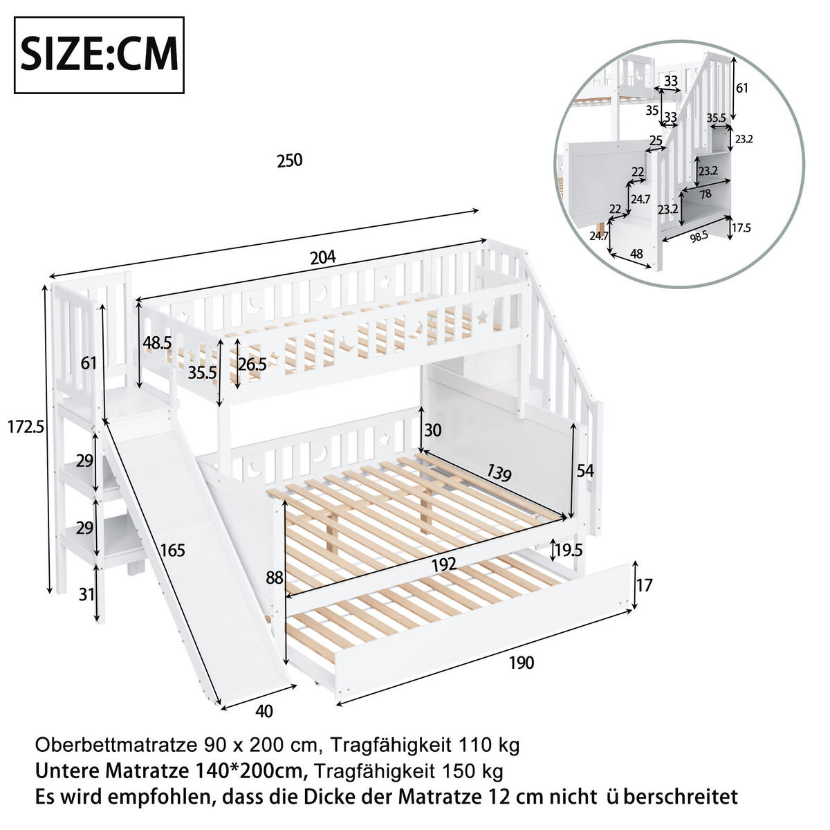 ETAGENBETT 90/200 & 140/200 cm aus Massivholz mit Rutsche und Ausziehbett - Weiß, Holz (90/200cm) - BEAOK