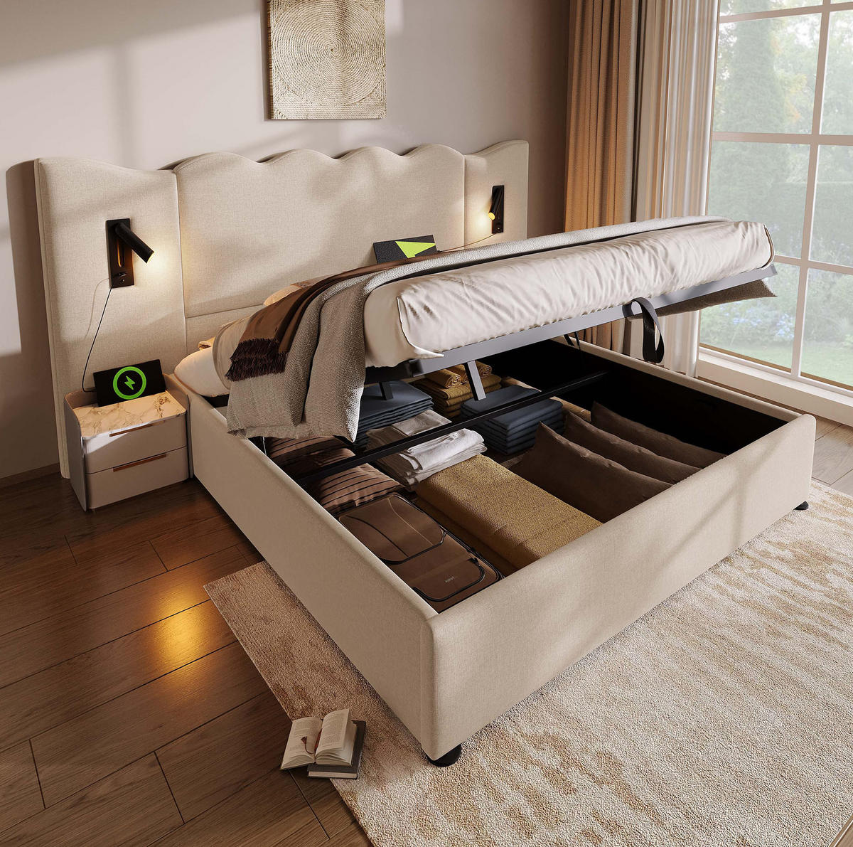 POLSTERBETT 160/200 cm aus Leinen mit Leselampe, USB- und Type-C-Anschluss sowie hydraulischem Stauraum,und Matratze, Beige - Beige, Textil (160/200cm) - Redom