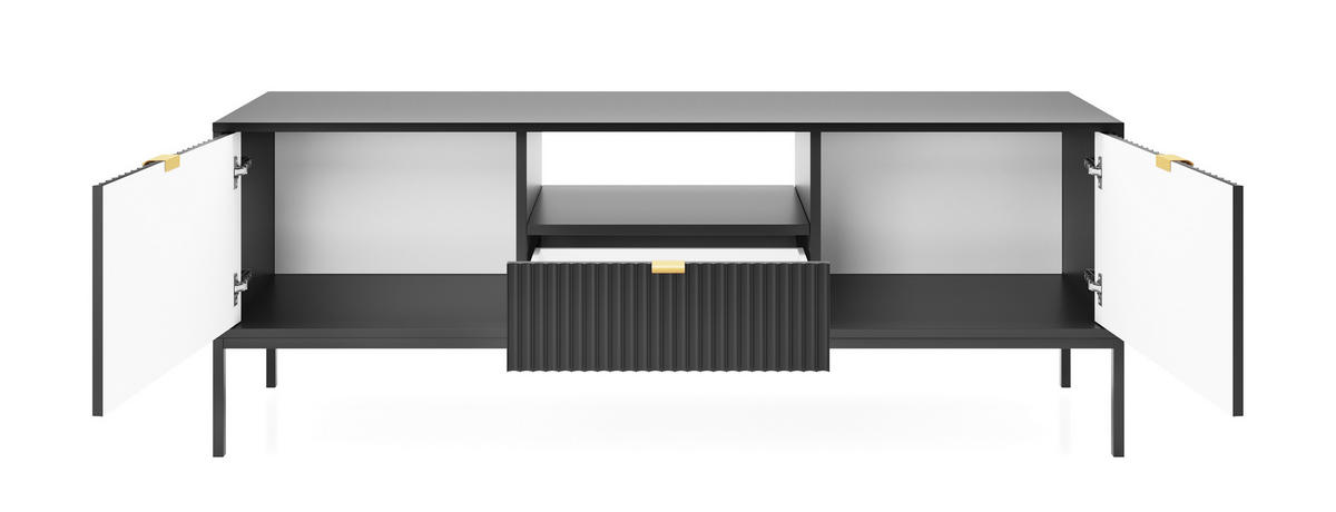 LOWBOARD Eternas 2T 1S Schwarz 154/56/39 cm – schwarze Füße, mit geriffelten Fronten und offener Ablage - Schwarz, Holzwerkstoff (154/56/39cm) - AX Living