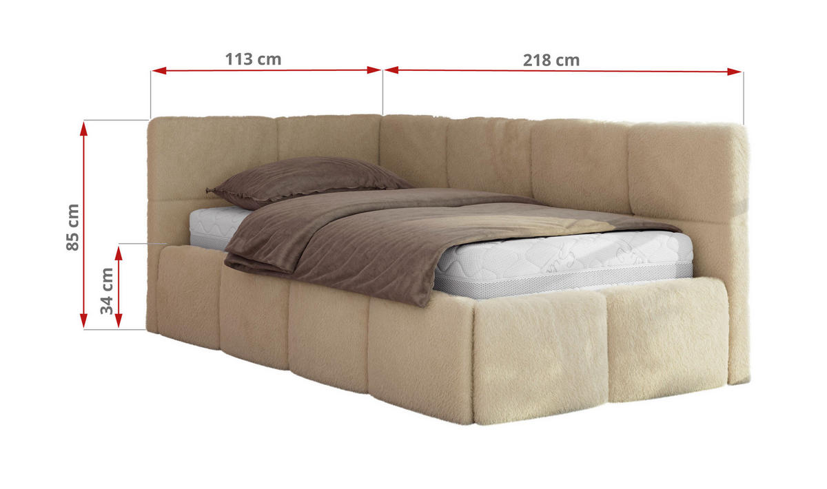 JUGENDBETT ARVO 90/200 - Beige Plüsch - Multipocket-Matratze - Links Seite - Beige, Textil (90/200cm) - MKS