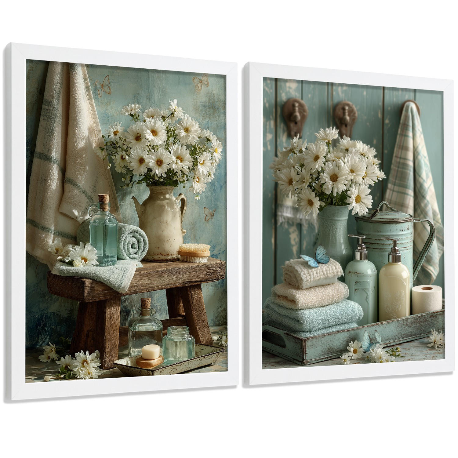 POSTER Set mit 2 dekorativen Badezimmer-Drucken, Shabby Chic Blumenposter für Wand, Waschbecken, romantische Dekoration mit Blumen Weißer Rahmen A3 - Weiß, Papier (42/29.7/3cm) - Nacnic