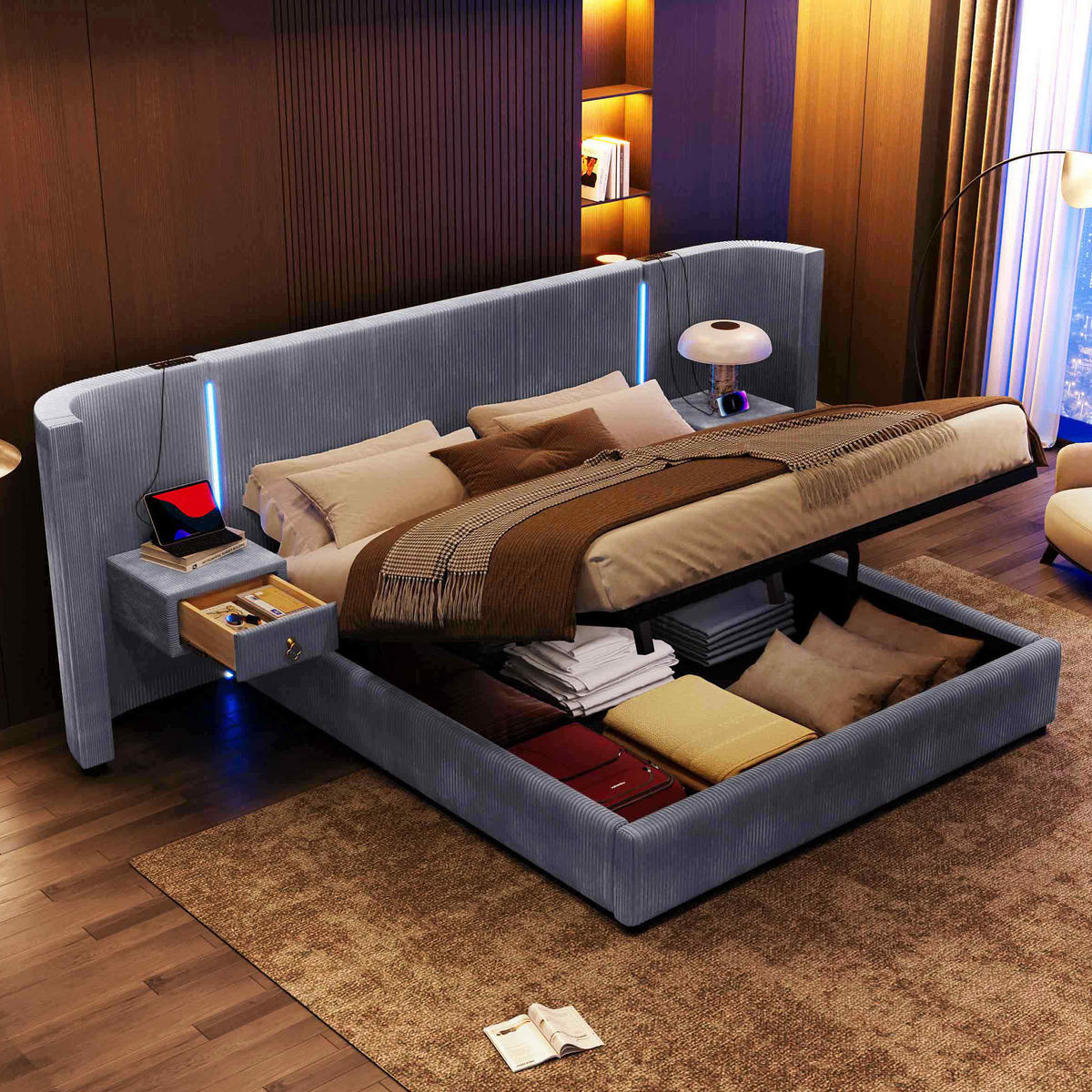 POLSTERBETT 180/200 cm grau mit LED-Leiste und hydraulischem Stauraum - Grau, Textil (180/200cm) - OKWISH