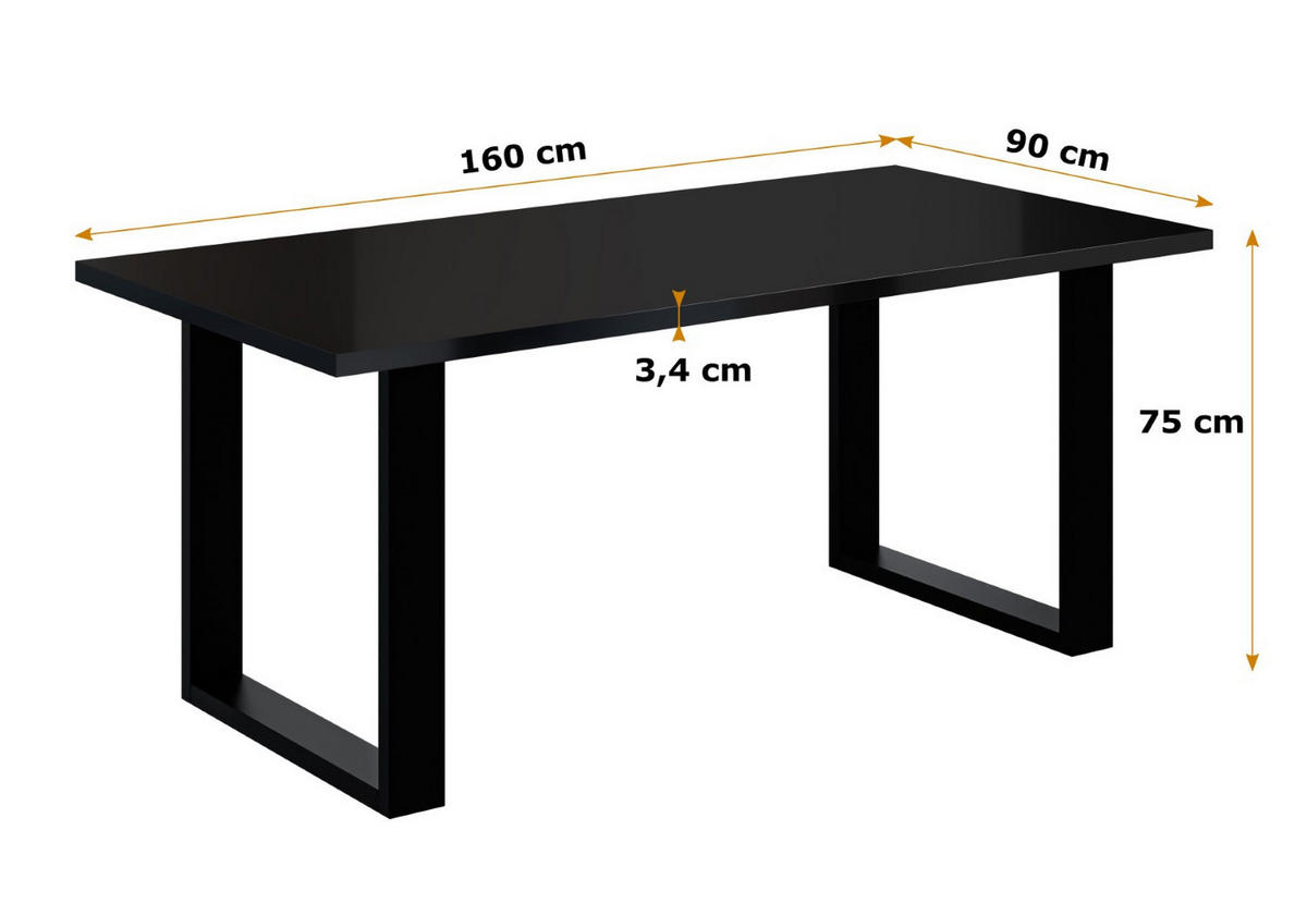 ESSTISCH 160x90x75 cm - Schwarz Hochglanz / Schwarz- KLYN U - Schwarz Hochglanz, Holzwerkstoff (160/90/75cm) - ALTDECOR