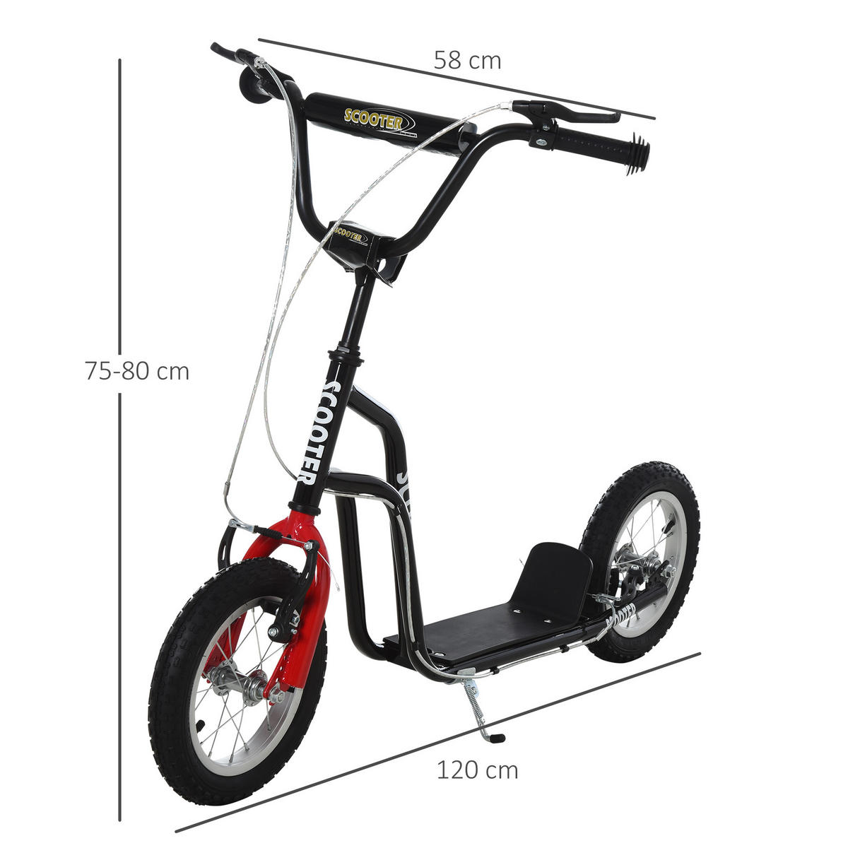 KINDERROLLER Lenker Verstellbar Tretroller mit Luftreifen 12 Zoll Schwarz - Schwarz, Metall (120/58/80cm) - HOMCOM