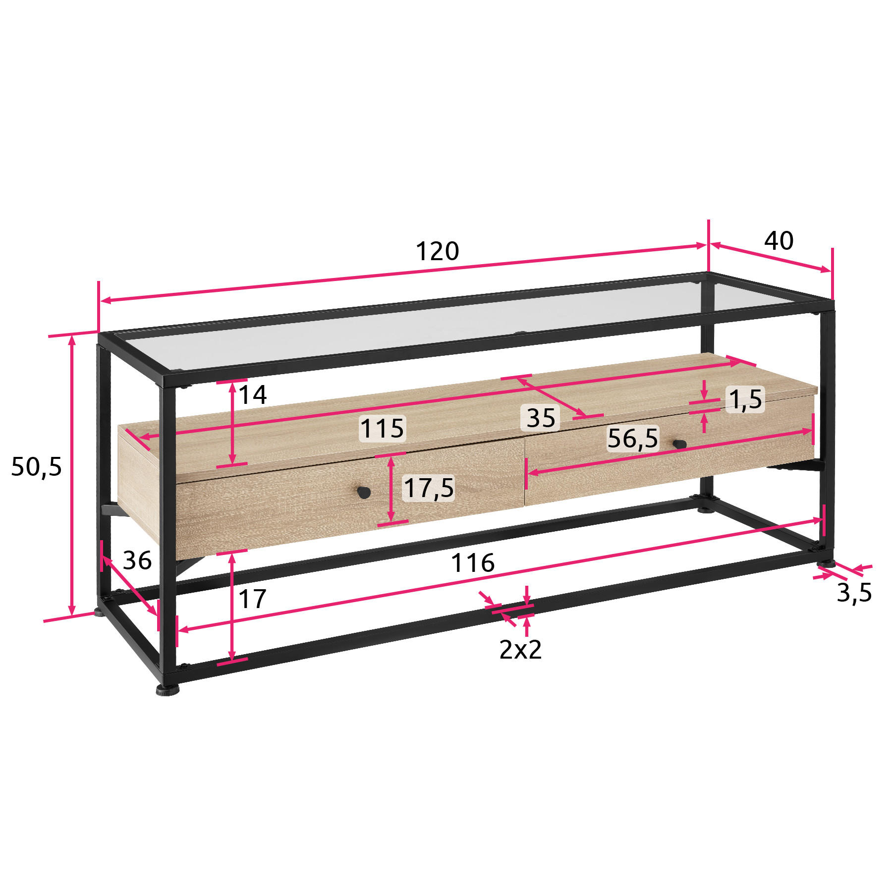 LOWBOARD Maidenhead,121,5 x 41,5 x 50,5 cm,Industrial Holz hell, Eiche Sonoma - Naturfarben, Holzwerkstoff (41.5/50.5/121.5cm) - tectake