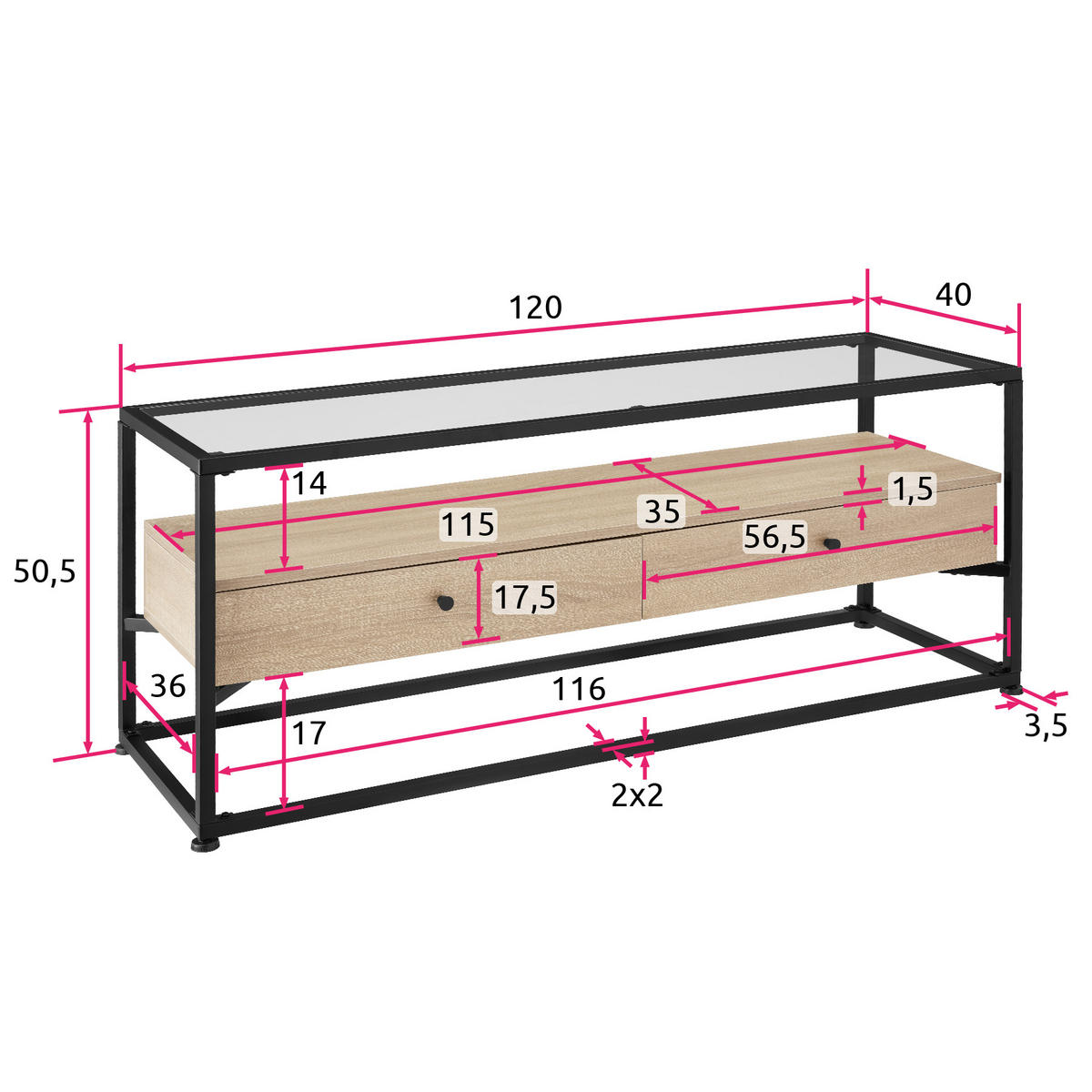LOWBOARD Maidenhead,121,5 x 41,5 x 50,5 cm,Industrial Holz hell, Eiche Sonoma - Naturfarben, Holzwerkstoff (41.5/50.5/121.5cm) - tectake