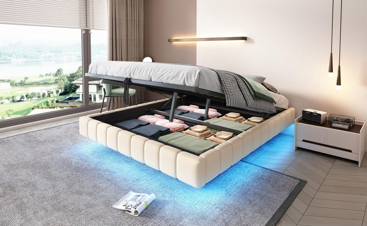 POLSTERBETT 160/200 cm Beige aus Stoff mit LED-Lichtleiste - Beige, Textil (160/200cm) - OKMYHOME