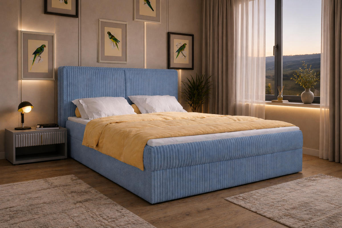 BOXBETT 04 180 x 200 cm - Ambience – Modernes Polsterbett mit Bettkasten, Topper und gepolstertem Kopfteil, Stoffbezug, Stauraumbett - Hellblau, Holz (180/200cm) - ROYAL24_MARKT