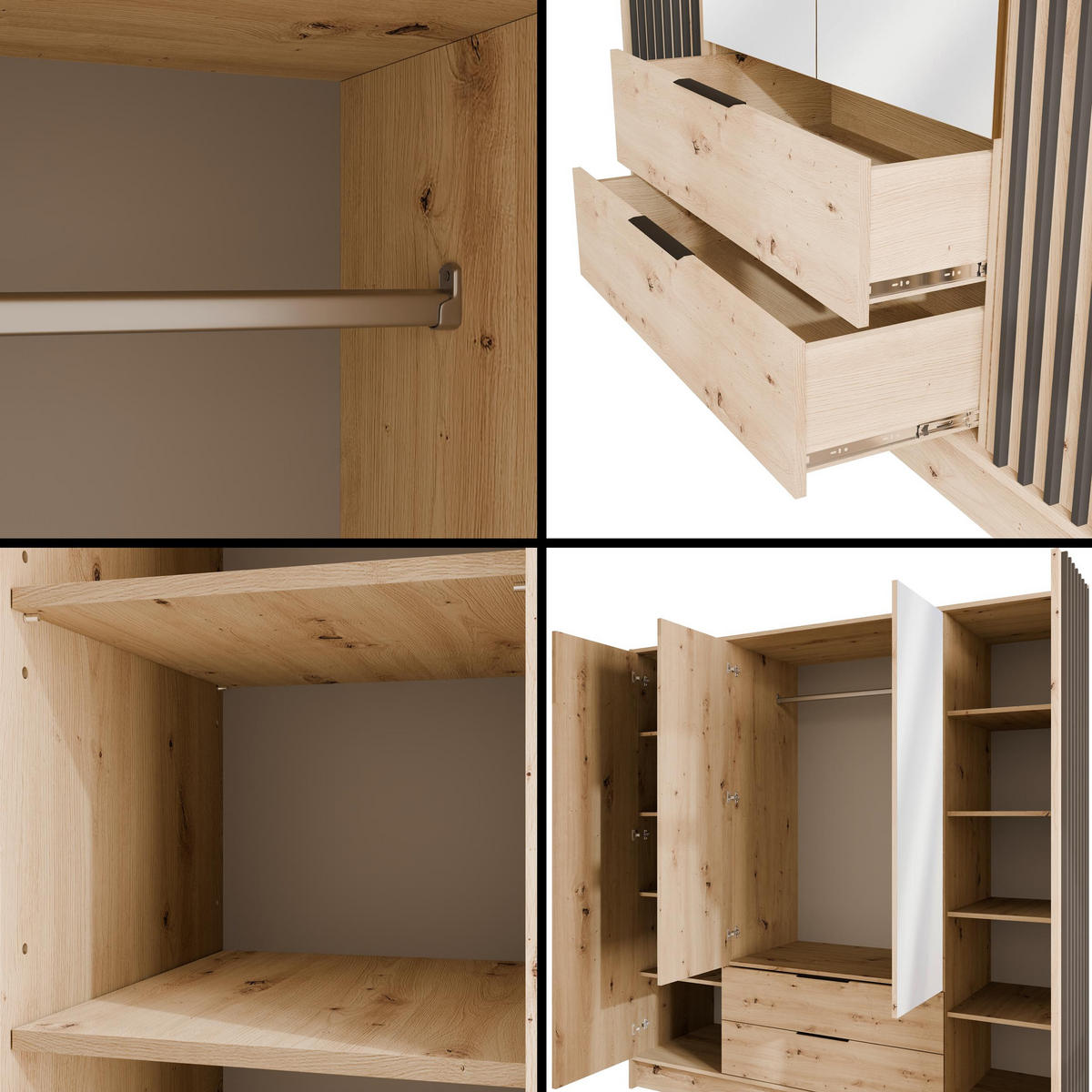 KLEIDERSCHRANK NELIA - 200 cm - Schwarz/Eiche Artisan, Holzwerkstoff (200/200/51cm) - ALTDECOR