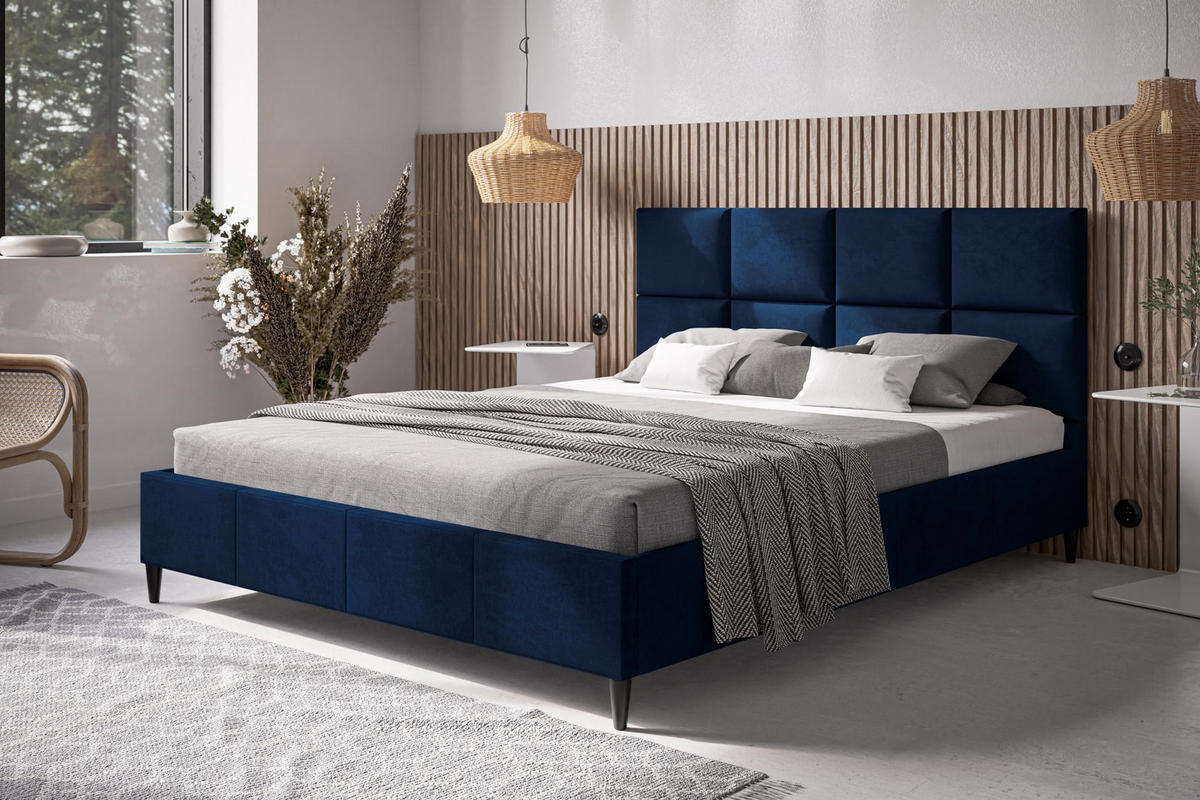 POLSTERBETT LUX Roma mit Kopfteil, 180 x 200 cm, Doppelbett mit Lattenrost aus Holz, Velourstoff Dunkelblau, Füße in Farbe: Schwarz - Dunkelblau, Holz/Textil (180/200cm) - Alpi-Möbel