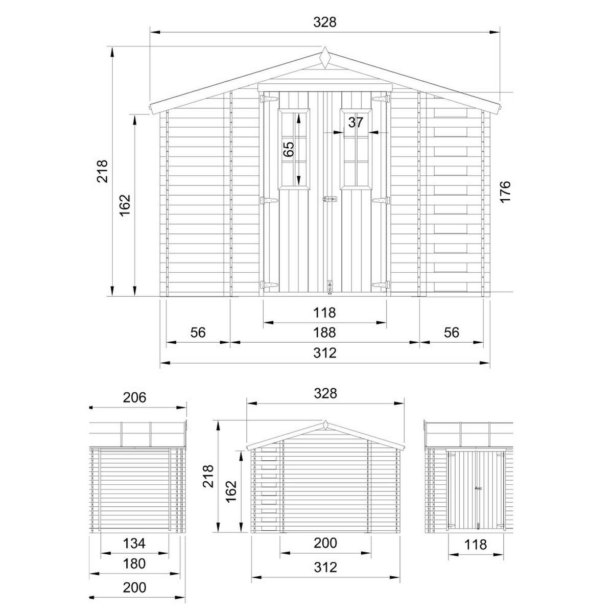 GARTENHAUS aus Holz mit Brennholzschuppen - B328xL206xH218 cm/ 3,53 + 0,97 + 0,97 m2 - M389C - Beige, Holz (312/218/206cm) - Timbela