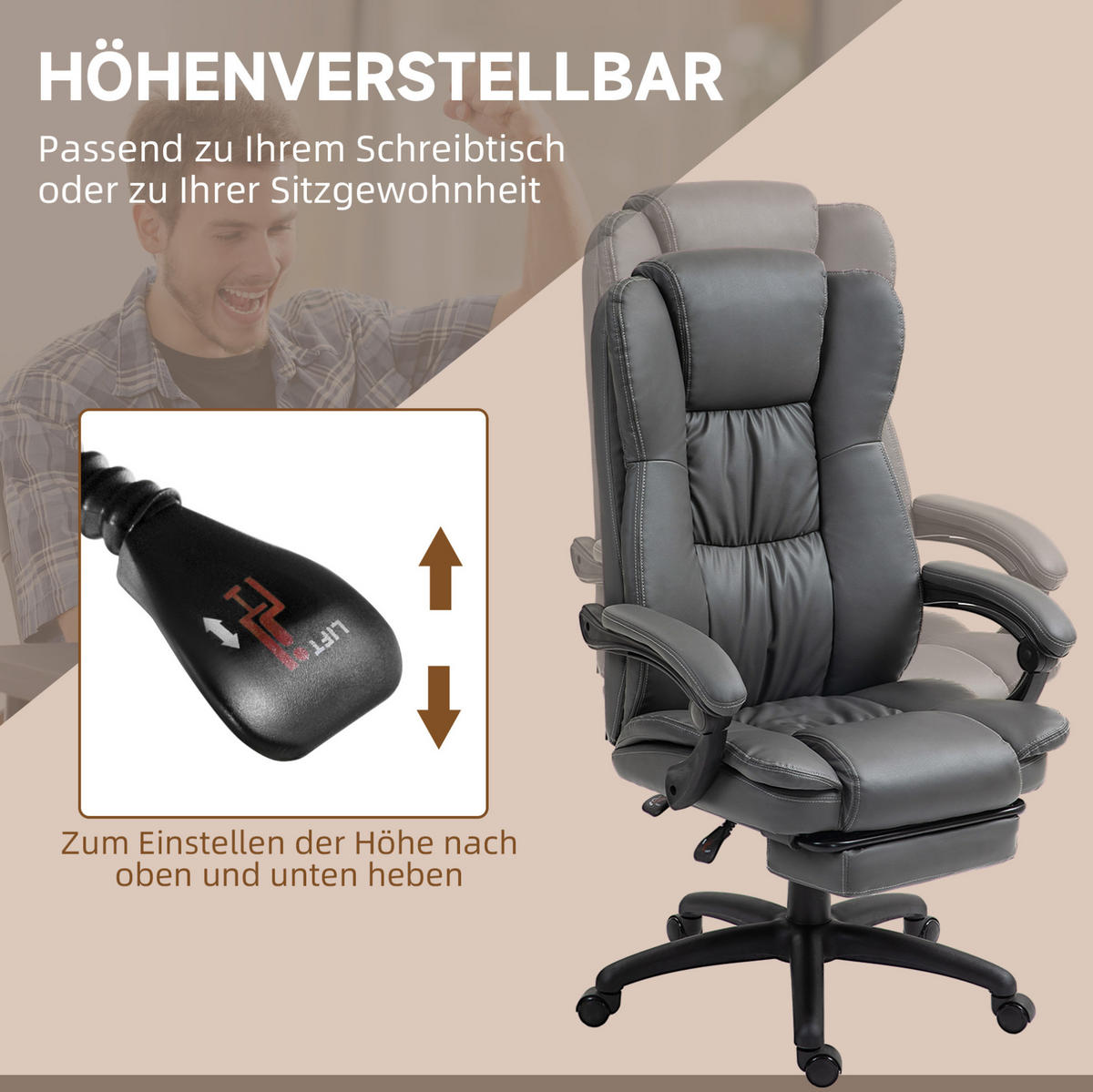 CHEFSESSEL in Dunkelgrau 68,5x68,5x121 cm mit Massagefunktion, Fußstütze und verstellbarer Rückenlehne - Dunkelgrau, Kunststoff (68.5/121/68.5cm) - IVMEU