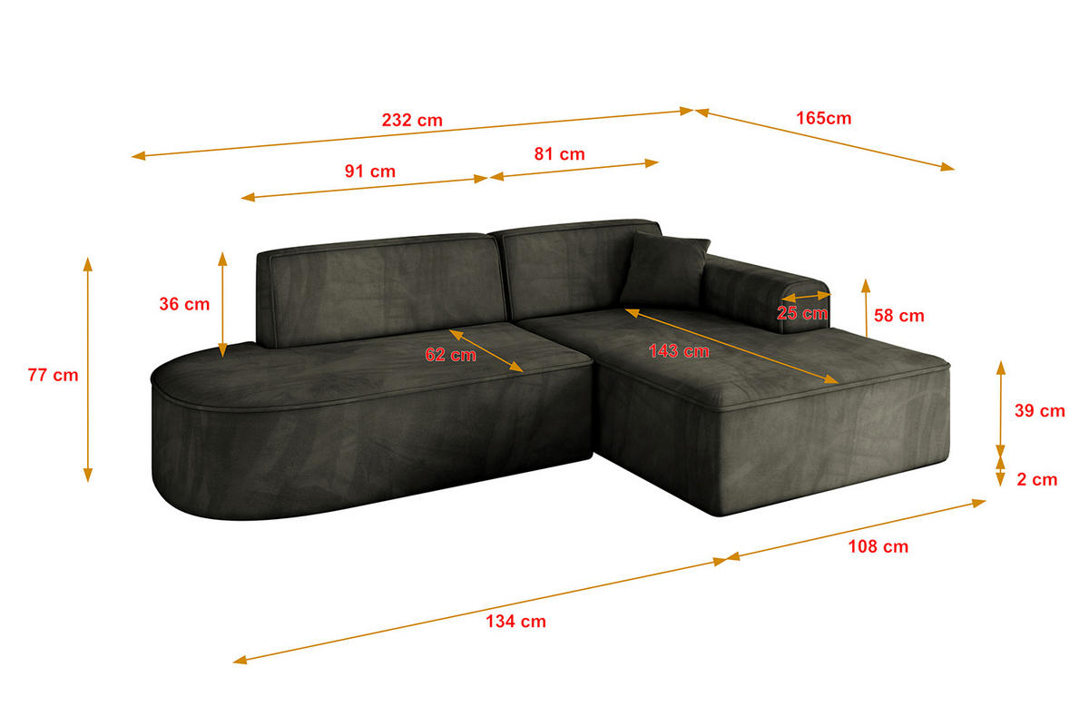 ECKSOFA Ottomane Rechts IREA-L1-v3 - 232x165x77 cm Schwarz - Schwarz, Holzwerkstoff/Textil (232/165cm) - ALTDECOR