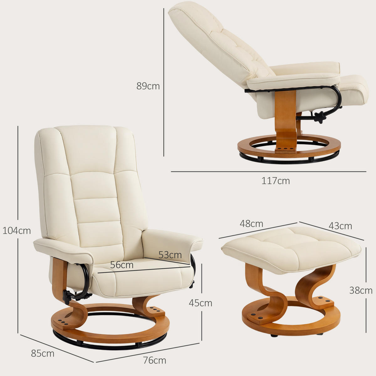 RELAXSESSEL DE-17407 130° neigbar, 360° drehbar mit Fußstütze Creme - Creme, Holz (85/104/76cm) - ComfortXL
