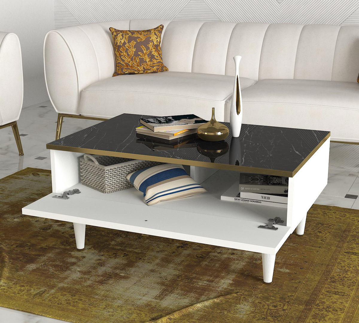 COUCHTISCH Ravenna Weiß Marmor Optik - Goldfarben/Weiß, Holzwerkstoff/Kunststoff (60/90/42cm) - moebel17