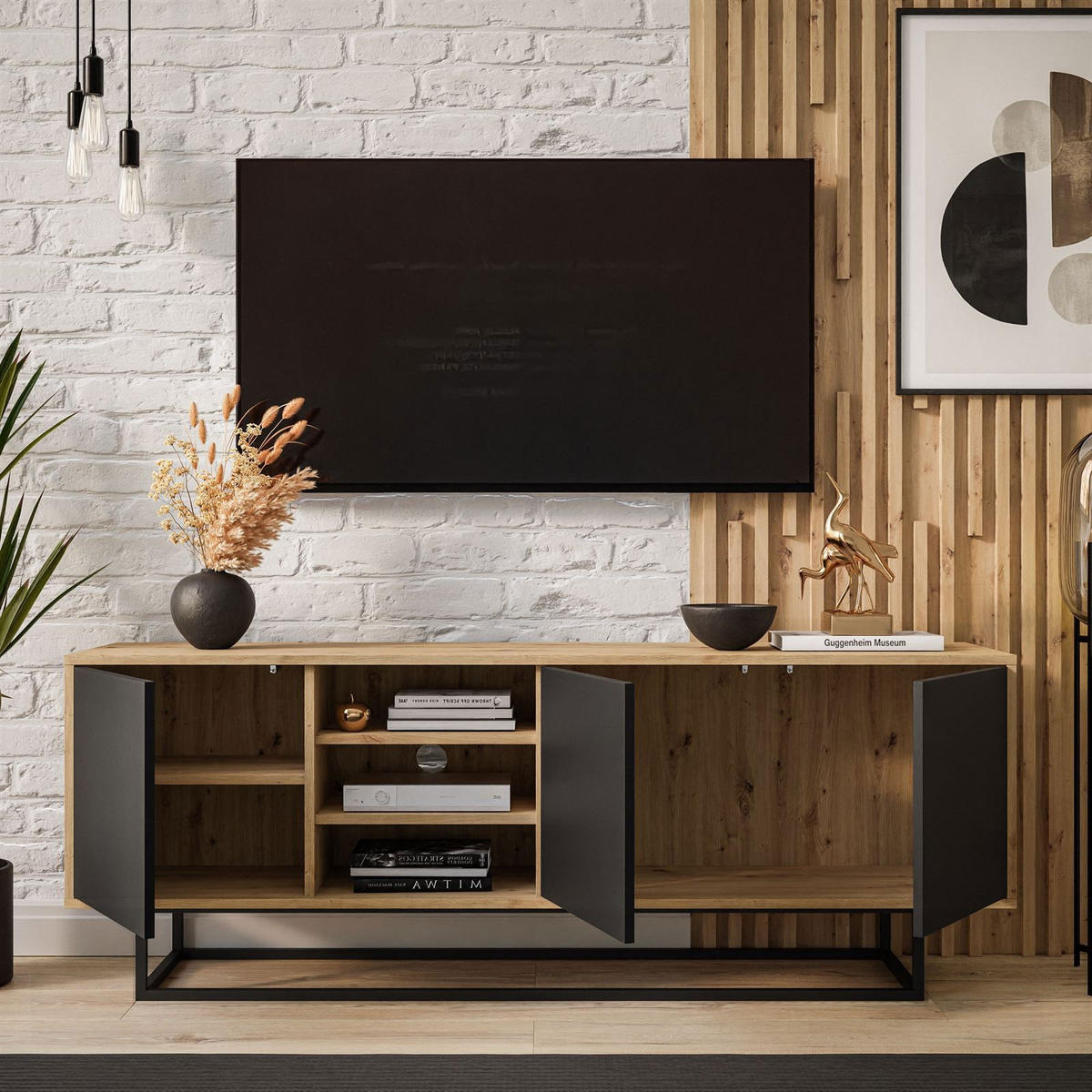 TV-ELEMENT SANAYI II mit Regalen Eiche Artisan/Schwarz - Schwarz, Holzwerkstoff (156/56/38cm) - Lookway