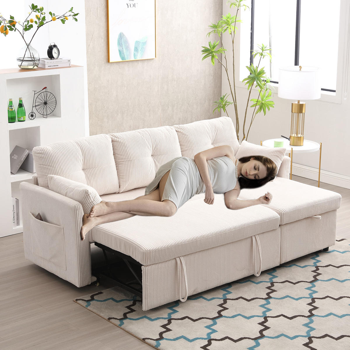 SCHLAFSOFA mit Stauraum, Ausziehbett und wechselbarer Chaiselongue - Beige, Textil (206/88/108cm)