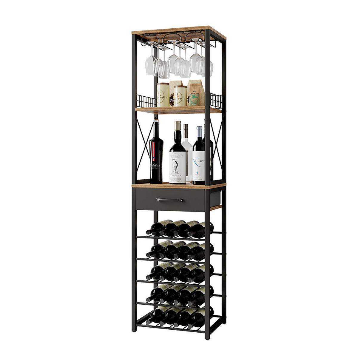 WEINREGAL Porto Eiche rustikal 40 x 147.5 cm mit Schublade - Wildeiche/Schwarz, Holzwerkstoff (40/147.5/30cm) - Vicco