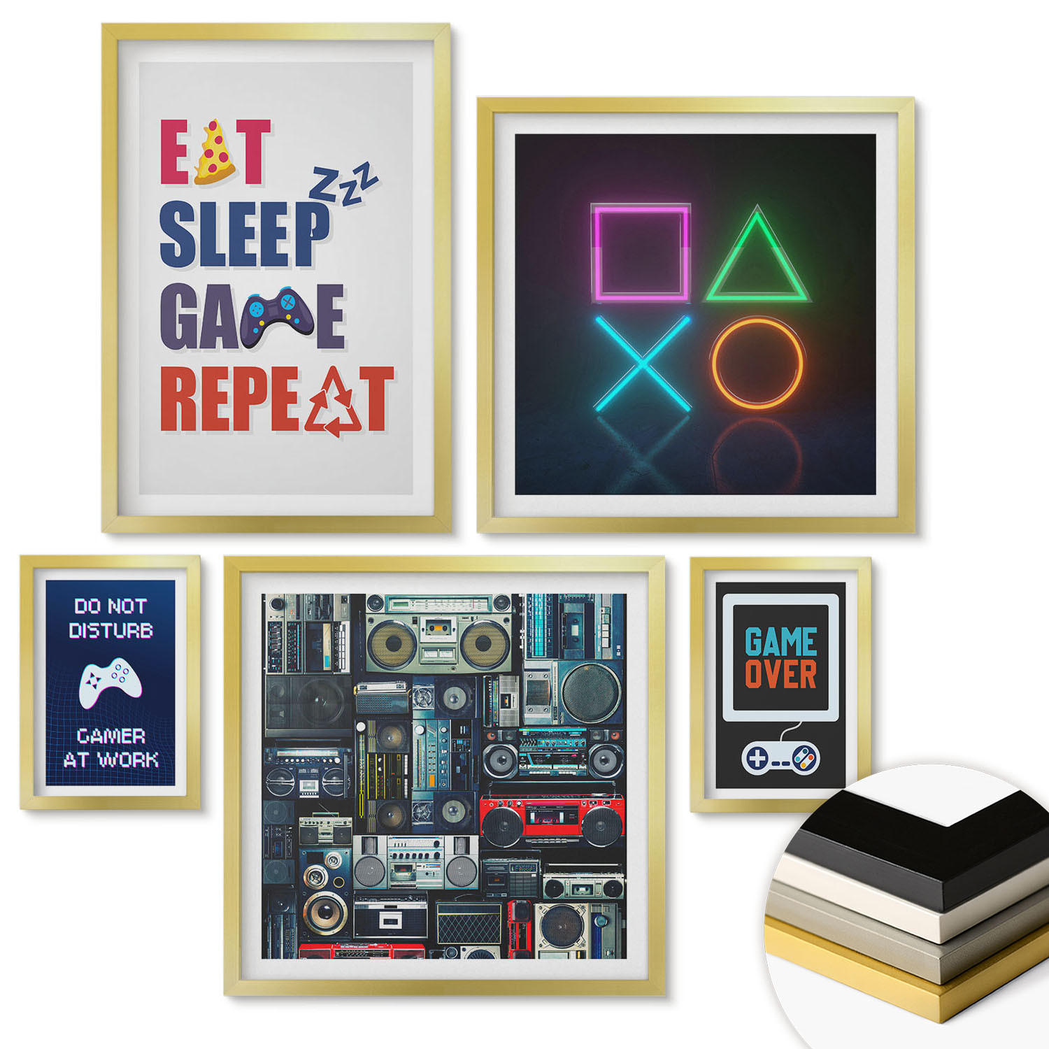 WANDBILDER 5er Set - 50x50 cm & 20x30 cm & 40x60 cm Goldrahmen - Spieleruntertitel - Goldfarben, Kunststoff (40/60cm) - ArtPrintCave