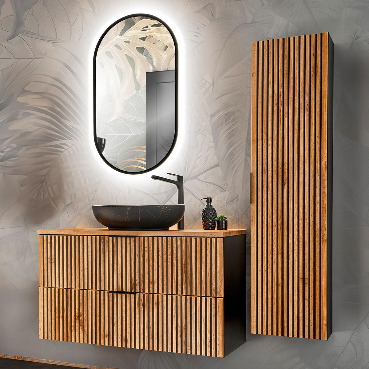 BADMÖBEL 100.6cm Gaia 2er-Set Holz in Eichenoptik und Schwarz - Schwarz, Holzwerkstoff (100.6/59/46cm) - Petits-meubles