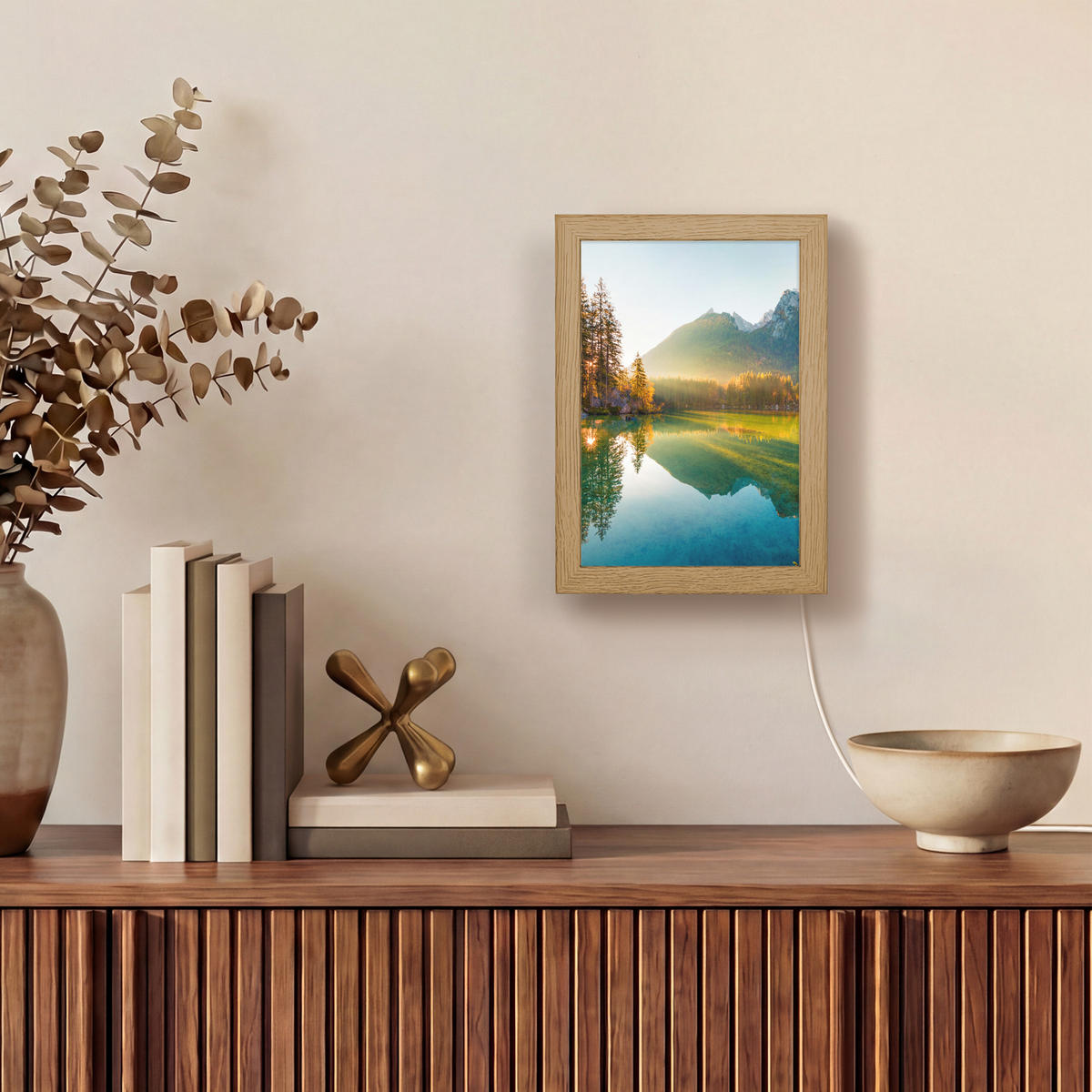 WANDLEUCHTE See - Wald - Berge - Natur - Sonne - Landschaft 15x20 cm - Grün, Holzwerkstoff (15/20/8cm) - OnlyWow