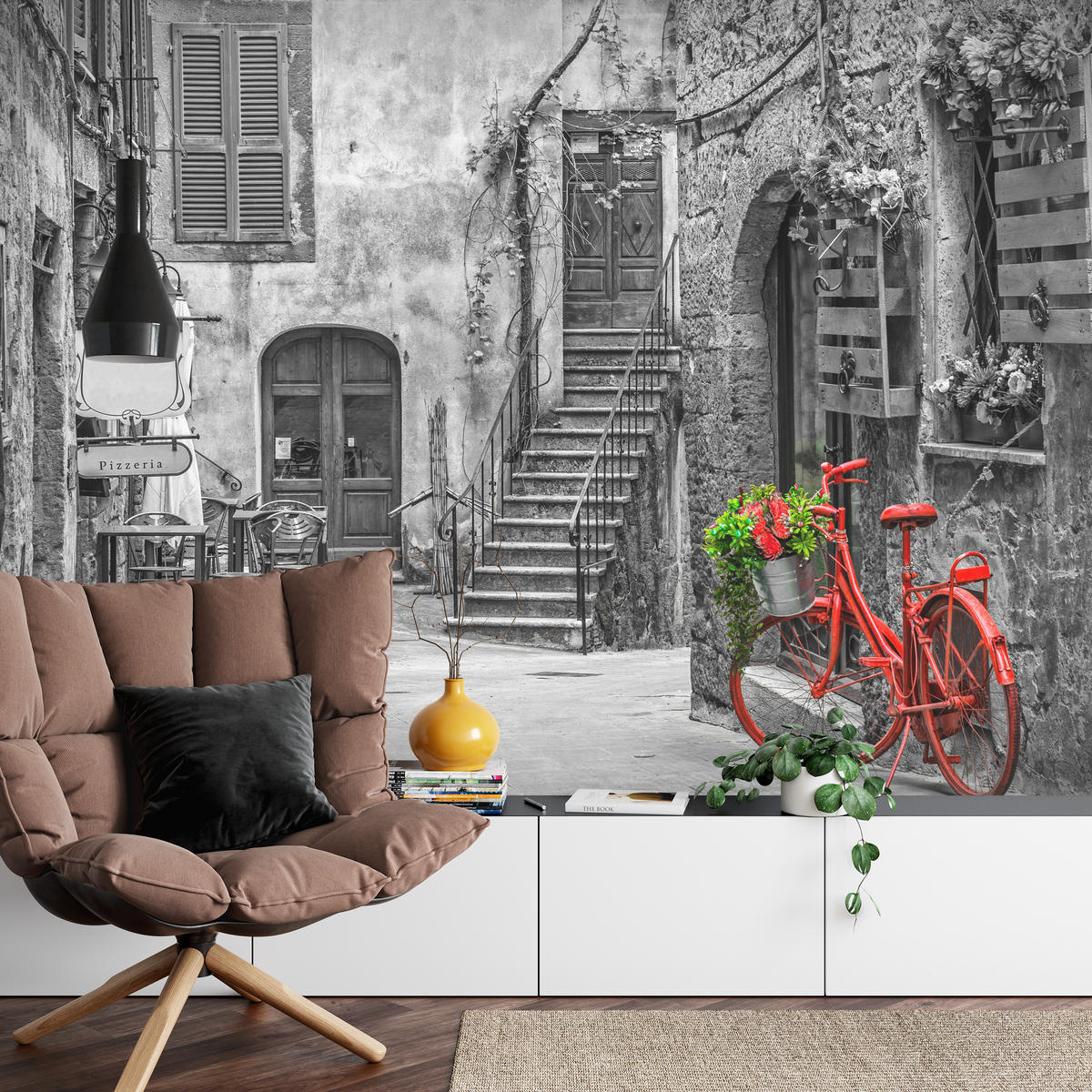 FOTOTAPETE für Wohnzimmer Italienische Gasse Rotes Fahrrad Toskana 150x105 - Rot/Schwarz, Papier (150/105cm) - Muralo