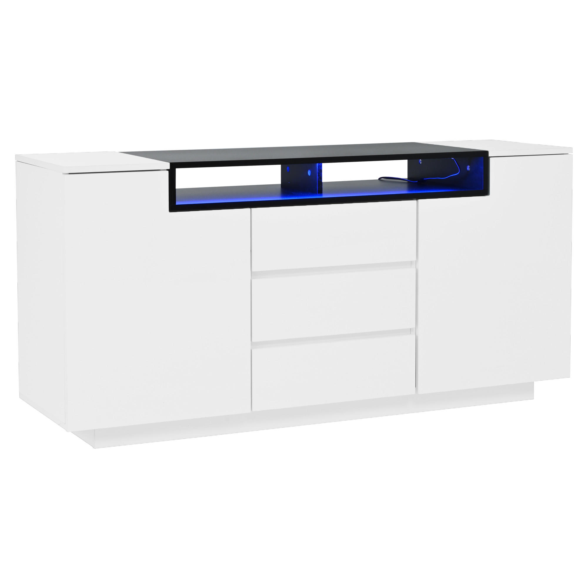 BUFET 140 cm, 2 uși în formă de L, 3 sertare, iluminare LED, alb și negru lucios