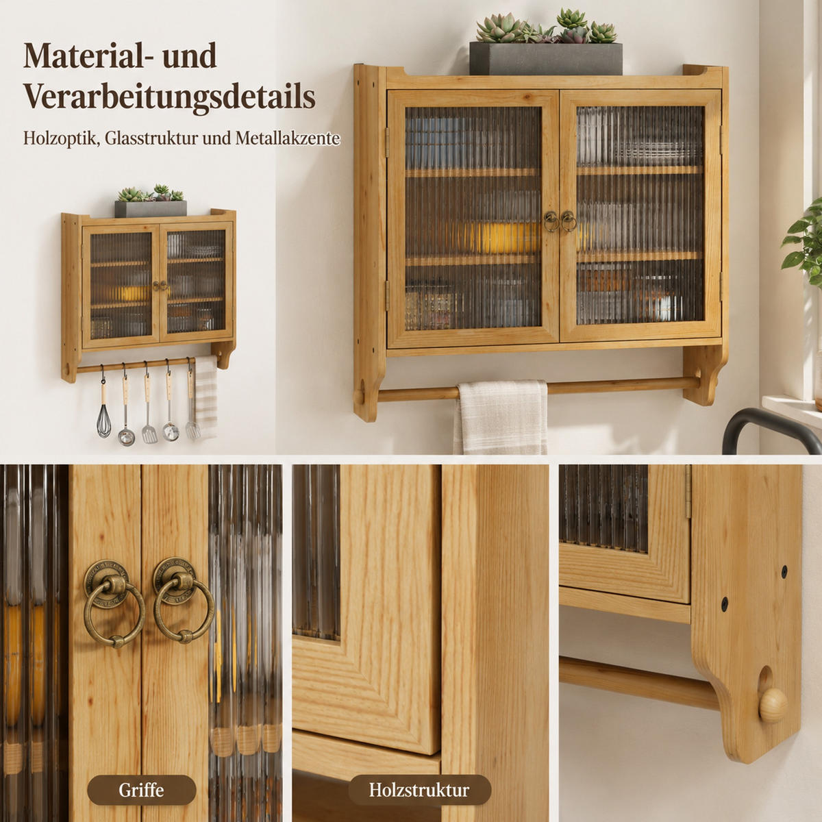 KÜCHENOBERSCHRANK 63/18/60 cm aus Massivholz und MDF mit geriffeltem Glas und Handtuchhalter Natur - Naturfarben, Holzwerkstoff (63/60/18cm) - Modenvie