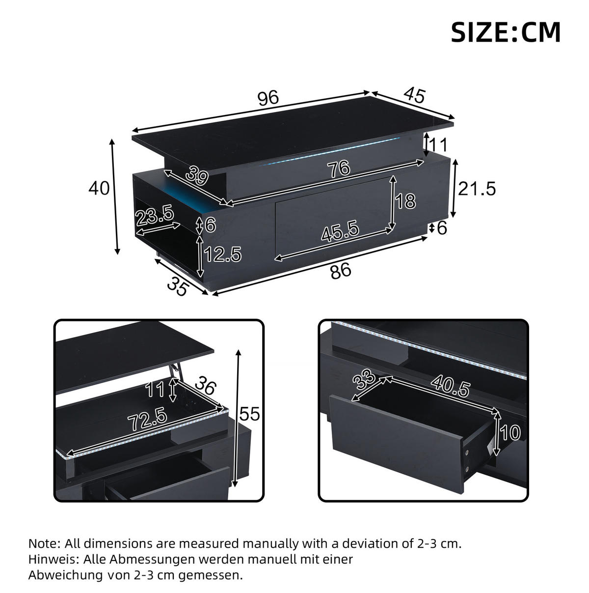 KONFERENČNÍ stolek 96/45/40 cm černý z dřevotřísky s výškově nastavitelnou deskou a LED osvětlením - černá, kompozitní dřevo (96/45/40cm) - OKWISH