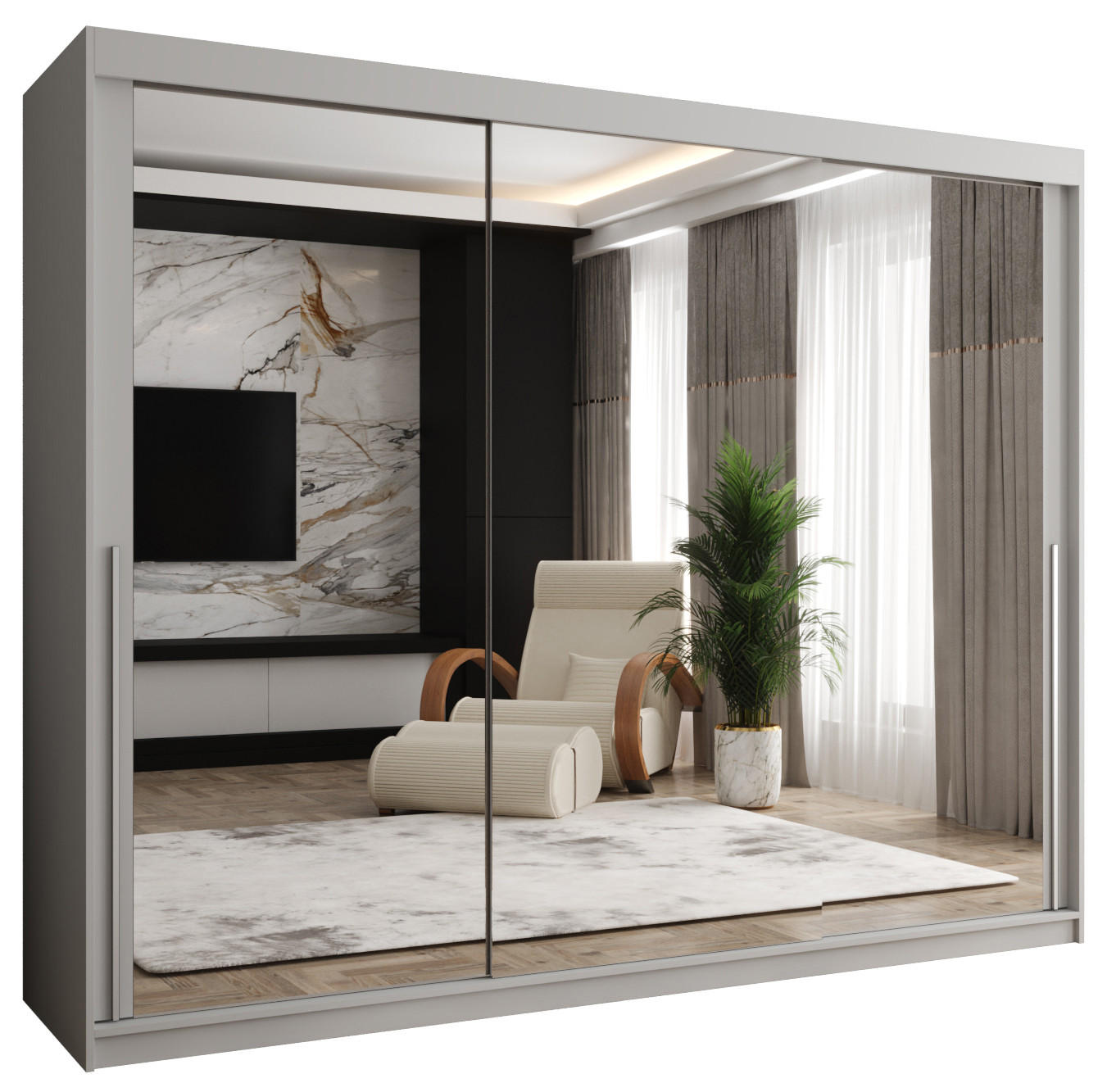 SCHIEBETÜRENSCHRANK mit Spiegel 250 cm Breite Weiß mit silbernem Griff - Silberfarben/Weiß, Holzwerkstoff (250/200/62cm) - Home Collective