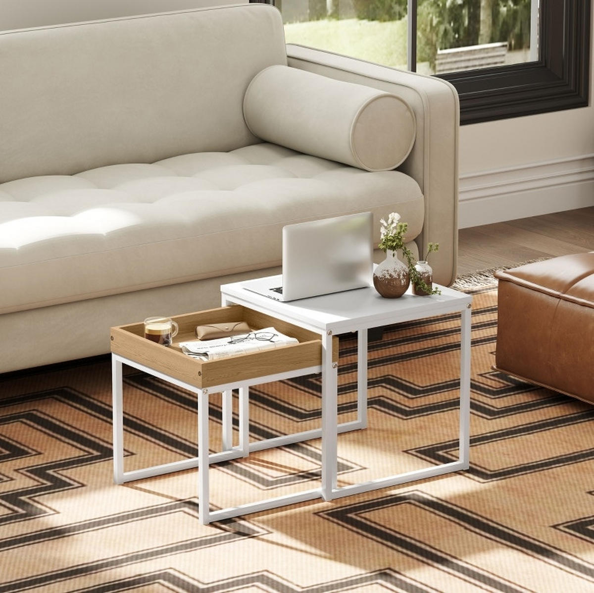 COUCHTISCH 45/40 cm weiß aus Stahl und MDF mit Tablett - Weiß, Metall (45/45/45cm) - OKMYHOME