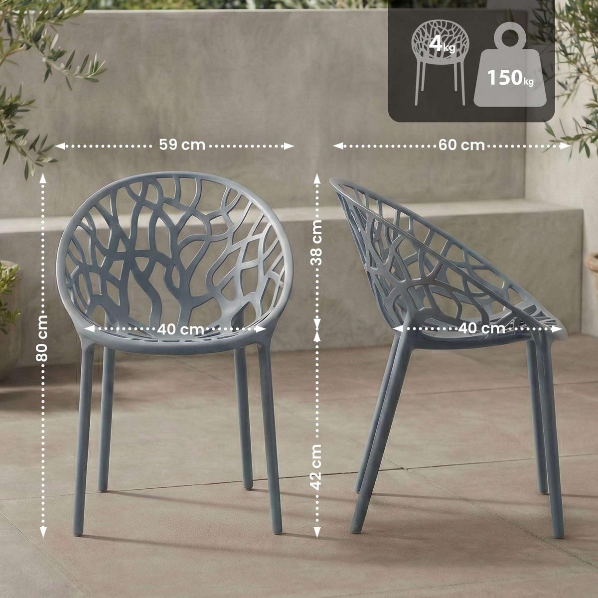 GARTENSTUHL Kunststoff Grau - Grau, Kunststoff (59/80/60cm) - CLP