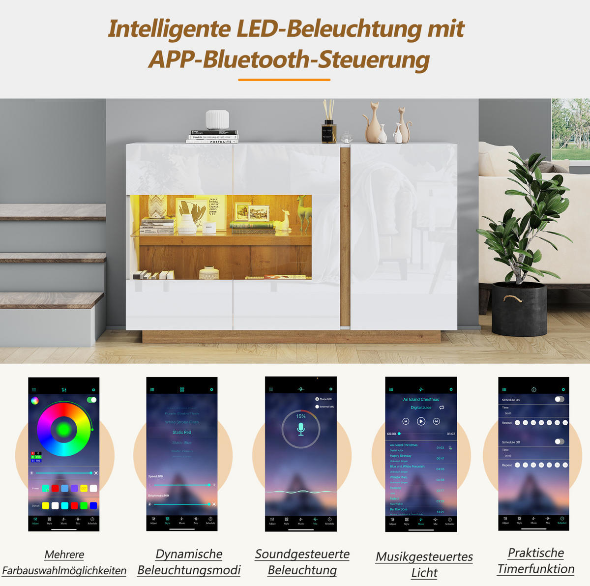 SIDEBOARD 138/38,5/90,5 cm in Weiß Hochglanz mit 3 Türen, Glas & LED - Weiß, Holzwerkstoff (138/90.5/38cm) - BEAOK