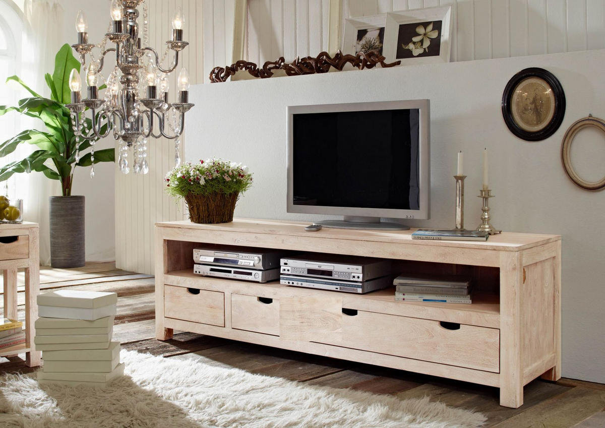 TV-BOARD Akazie 190x50x60 white stone getüncht NATURE WHITE #44 - Beige, Holz (190/60/50cm) - Massivmoebel24