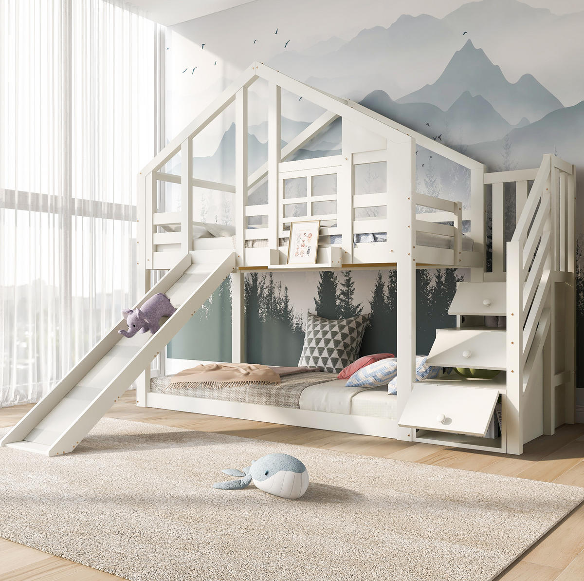 ETAGENBETT Baumhaus 90 x 200 cm Weiß mit Rutsche und Stauraum - Weiß, Holz (90/200cm) - MIVRAY